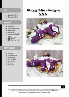 the instructions for how to make a stuffed dragon with purple and white spots on it