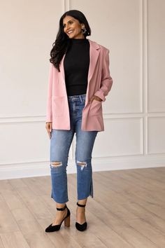 Looking for a versatile wardrobe essential? The Pink Boyfriend Blazer is here to enhance your outfits. With its sharp yet comfy oversized fit, it’s perfect for layering over casual and formal looks. Model is wearing a size Small. Shop this 100% polyester blazer today! #boyfriendblazer #pinkblazer #oversizedblazer #chicstyle #effortlessstyle