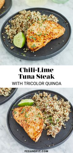 grilled chicken breast with tricolor quinoa and cucumber garnish