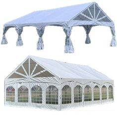 an image of a white tent set up with curtains on the top and bottom half