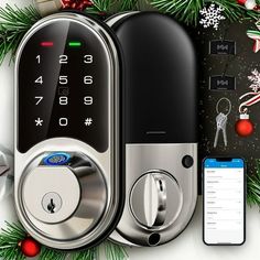 an electronic door lock with christmas decorations around it