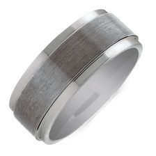 a men's wedding band with a brushed finish and grey wood inlays