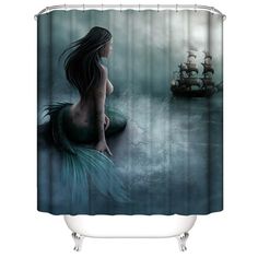 a shower curtain with a mermaid and ship in the background