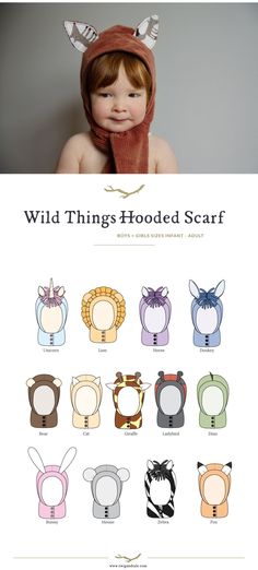 a baby wearing a hat and scarf with the words wild things fooded scarf