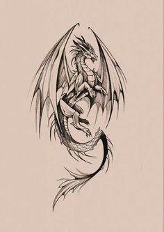 a black and white drawing of a dragon on a light pink background, with the wings spread out