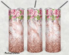 three pink and gold glitter tumblers with roses on them, one has straws in it