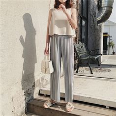 FREE SHIPPING !! High Waist Pleated Chiffon Wide Leg Trousers JKP663 Spring Chiffon Pants, Spring Chiffon Bottoms For Day Out, Chic Chiffon Summer Pants, Chic Chiffon Pants For Summer, Chic Summer Chiffon Pants, Casual Stretch Chiffon Bottoms, Casual High Waist Chiffon Bottoms, Casual Chiffon Trousers, Loose Pants Style