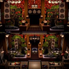 the interior of a japanese style house decorated in red and orange flowers with lanterns hanging from the ceiling