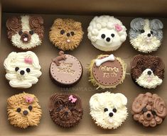 a box filled with lots of different shaped cupcakes