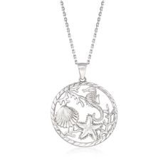 Capture the beauty of the sea with our sterling silver necklace. Expertly crafted in textured and polished sterling silver with myriad seaside creatures. Choice of Length 18" and 20" Pendant measures 1-1/4' x 1 inch Lobster Clasp 1/2 mm Chain Gift Boxed Romance Card Jellyfish Pendant, Feel Better Gifts, Sand Dollar Pendant, Silver Sea, Gold Sand, Seashell Necklace, Earring Sale, Fine Jewellery Necklace, Cultured Pearls