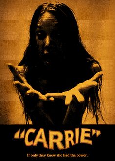 the poster for scarrie's is shown in black and orange colors, with an image of a woman holding her hands out