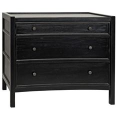 a black dresser with three drawers and two pulls on the bottom drawer, in front of a white background