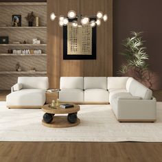 a modern living room with white furniture and wooden shelves on the wall, along with an area rug