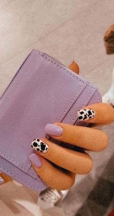 Short Nails Purple Lavender, Lavender Cow Print Nails, Nail Ideas Cow Print, Short Cow Nails, Lavender And Black Nails, Cow Print Gel Nails, Cow Print Nails Acrylic, Cow Print Nail Ideas, Cute Lavender Nails