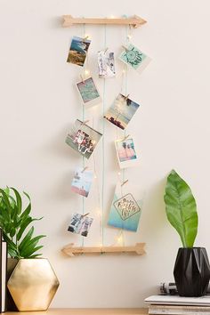 a wooden shelf with pictures hanging from it's sides next to a potted plant