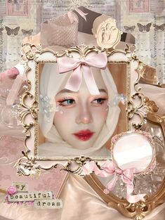 a digital painting of a woman's face in a gold frame with pink bows