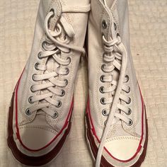 Visvim Hi- Tops In White With Red Accents Distressed Sides New Without Box 8 Us Men/10 Women Original Price 1100 Visvim Shoes, Hi Top, Red Accents, Us Man, Athletic Shoes, Men's Shoes, Color White, Man Shop, Red