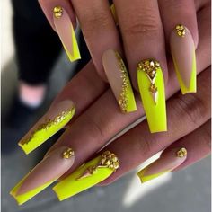 Nib- 24 Count Yellow Press On Nails With Rhinestone Decor. Comes With File And Sticky Tape. Color Acrylic Nails Powder Art Designs, Neon Nails, Hot Nails, Yellow Nails, Coffin Nails Designs, Bling Nails, Fancy Nails, Dope Nails, Best Acrylic Nails