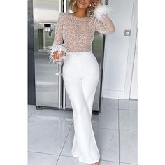 Gender:Women's; Occasion:Wedding; Fit Type:Slim Fit; Waistline:High Waist; Pattern:Solid Color; Pants Type:Sequin Pants,Jumpsuit,Culottes Wide Leg; Front page:FF; Listing Date:08/18/2022; Hips:null; Length:null; Waist:null Overall Jumpsuit, Chique Outfits, Sequin Sleeve, Sequin Jumpsuit, Bodycon Jumpsuit, Party Kleidung, Beaded Neckline, Style Upgrade, White Jumpsuit