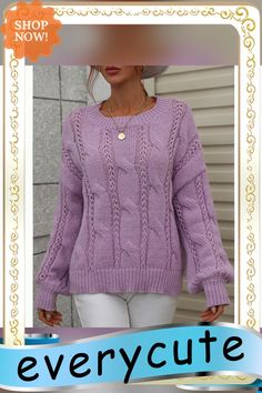 Purple Solid Knitted Cut Out Crew Neck Sweater Textured Knit Long Sleeve Pattern, Winter Long Sleeve Pointelle Knit Sweater, Casual Acrylic Cable Knit Sweater, Casual Cable Knit Pattern For Fall, Fall Crew Neck Soft Knit Pattern, Casual Fall Acrylic Knitting Pattern, Casual Knitting Pattern For Fall, Fall Soft Knit Crew Neck Knitting Pattern, Chunky Knit Acrylic Crew Neck Outerwear