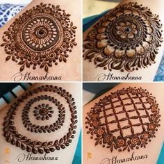 four different pictures of henna designs on someone's arm and hand, all showing the