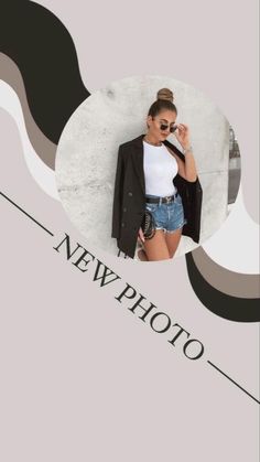 a woman is taking a selfie in front of a gray and black background with the words newphoto on it