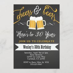 cheers and beers birthday party card with two beer mugs on the front, black background