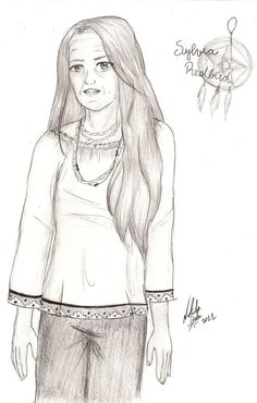 a drawing of a girl with long hair and a necklace on her neck, standing in front of a white background