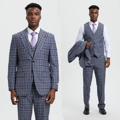 Introducing The Stacy Adams Textured Plaid Windowpane 3-Piece Suit Set, A Pinnacle Of Modern Sophistication And Craftsmanship. This Impeccably Tailored Ensemble Marries Classic And Contemporary Aesthetics With Its Hybrid-Fit Jacket, Single-Breasted Vest, And Flat-Front Pants, All Adorned With A Stylish Textured Plaid Windowpane Pattern. From Underarm Sweat Guards To Functional Pockets, Every Detail Exudes Both Style And Functionality. With A Range Of Sizes From Skinny To Slim Fit, It Caters To V Custom Fit Blue Sets For Workwear, Classic Tailored Blue Sets, Classic Slim Fit Blue Sets, Blue Slim Fit Business Sets, Semi-formal Fitted Blue Sets, Fitted Blue Semi-formal Sets, Fitted Blue Sets For Semi-formal Occasions, Blue Plaid Suit, Velour Shorts