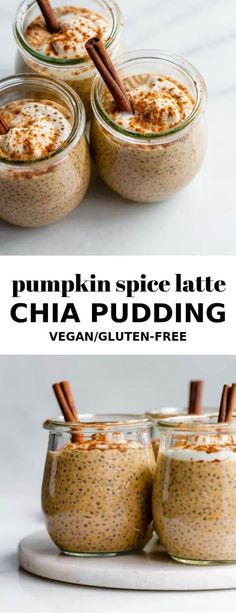 pumpkin spice latte chia pudding in jars with cinnamon sticks