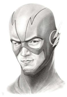 a pencil drawing of the flash in black and white with an arrow on his head