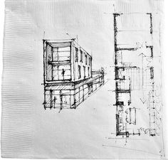 a drawing of a building on top of a paper napkin with a pencil drawing of the floor plan