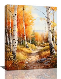 an oil painting on canvas of a path through the woods with trees in autumn colors