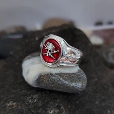 Pirate enamel skull ring pirate jewelry silver skull ring unisex pirate ring A pirate ring with a Jolly Roger design typically refers to a ring featuring the skull and crossbones symbol associated with pirates. The Jolly Roger is a traditional flag that was flown by pirates to intimidate their targets. It usually consisted of a white skull (often depicted with crossed bones) on a black background. A mens signet ring with a Jolly Roger design can be seen as a fashion accessory or a way for someon Nautical Gothic, Pirate Ring, Pirate Jewelry, Aesthetic Rings, Silver Skull Ring, Seek Adventure, Cross Bones, Signet Ring Men, Pirate Skull