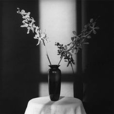 black and white photograph of a vase with flowers in it on a small tablecloth