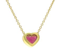 This gorgeous heart-shaped pink rubellite tourmaline necklace is simply dazzling! It features a 1.99 carat striking gem with vivid hot pink color, set in a custom-made 18k yellow gold bezel and suspended on a classic and elegant 18k yellow gold chain. The pendant measures approximately 3/8" in diameter, and the necklace can be adjusted from 16.5 to 18 inches for wonderful versatility! Stunning for both daytime and evening wear. What better way to show your affection than with this timeless expre Ruby Heart Cut Gemstone Necklace, Elegant Heart-shaped Pink Sapphire Jewelry, Fine Jewelry Ruby Necklace For Valentine's Day, Heart Cut Ruby Gemstone Necklace, Heart-shaped Ruby Gemstone Necklace, Valentine's Day Yellow Gold Ruby Jewelry, Yellow Gold Heart Necklace With Gemstone, Heart Pendant Necklace With Bezel Setting, Heart-shaped Jewelry With Bezel Setting For Valentine's Day