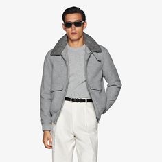 This light grey bomber jacket is tailored to a comfortable regular fit with a hip length and features double end opening zip closure, detachable shearling collar, flapped patch pockets, and ribbed hem and cuffs for a tapered finish. Gray Long Sleeve Outerwear With Ribbed Collar, Gray Workwear Outerwear With Ribbed Cuffs, Gray Outerwear With Ribbed Cuffs For Work, Gray Ribbed Cuffs Outerwear For Work, Camel Dress Coat, Navy Overcoat, Brown Overcoat, Dress Coats, Grey Overcoat