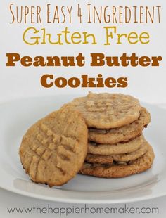 three peanut butter cookies stacked on top of each other with the words super easy ingredient gluten free