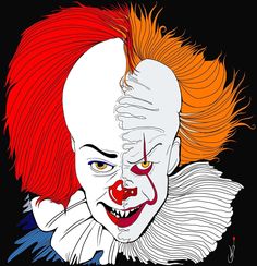 a drawing of a creepy clown with red hair and orange eyes on a black background