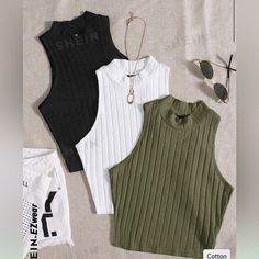 Solid Color Rib Tank Top 3 Pack Brand New With Out Tags From A Clean Pet Free Smoke Free Home Sleeveless Ribbed Top, Tight Crop Top, Mock Neck Tank Top, Rib Knit Top, Vest Fashion, Ribbed Tank Tops, Sleeveless Crop Top, Casual Sets, Knitted Tank Top