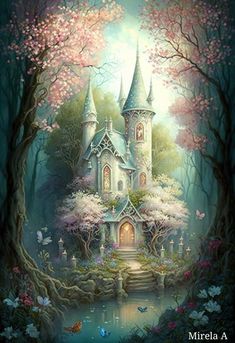 a painting of a fairy castle in the woods with pink flowers and trees around it