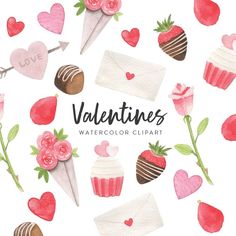 valentine's day watercolor clipart with cupcakes, roses and hearts