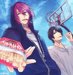 two anime characters holding food in front of a basketball hoop with the sky behind them