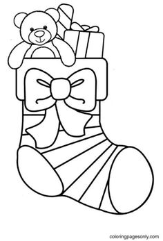 a christmas stocking with a teddy bear and a bow on it, coloring page