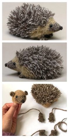 three different pictures of stuffed hedgehogs in various stages of being crocheted