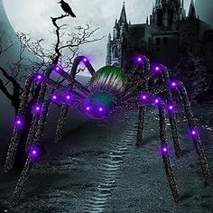 a large spider with purple lights on it's legs in front of a full moon