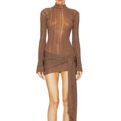 Stunning Aya Muse Dress In A Semi Sheer Brown Fabric. With An Attached Wrap Design. Sheer Brown Party Dress, Spring Sheer Brown Dress, Fitted Sheer Brown Dresses, Sheer V-neck Stretch Dresses, Muse Dress, Brown Wrap Dress, Aya Muse, Brown Leather Dress, Mesh Bodycon Dress