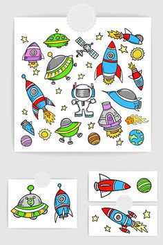 a set of stickers with space and rockets