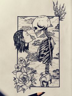 a pencil drawing of a skeleton and a girl with flowers in front of her face