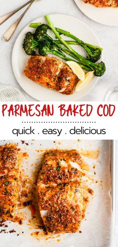 parmesan baked food on a white plate with broccoli